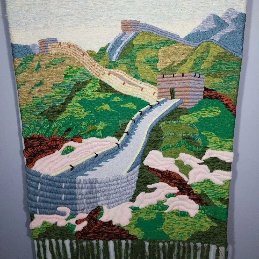 Vintage Chinese 3D Hand Embroidered Great Wall Tapestry Wall Hanging 24.5x31